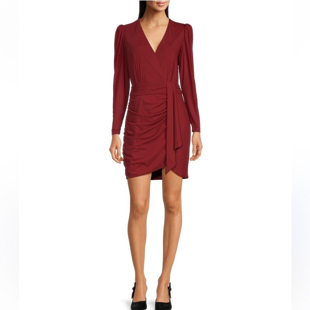 NEW Alex Marie Bodycon Red Metallic Faux Wrap Dress Holiday Cocktail Party